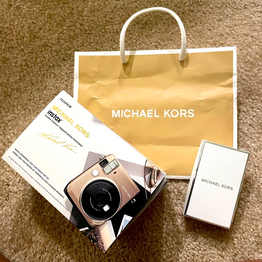 Exclusive Michael Kors Instax camera with gold camera shoulder chain